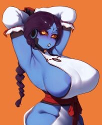 1girls alien alien_girl areola_slip areolae armpits arms_up big_breasts black_lips blue_areola blue_nipples blue_skin braid breasts brown_sclera colored_sclera detached_sleeves english_text female freckles gloves hip_vent hourglass_figure huge_breasts long_hair looking_at_viewer mature_female milf mole mole_on_breast mole_under_mouth multiple_moles nipple_slip no_bra orange_background presenting presenting_armpit purple_hair red_gloves sash sideboob single_braid solo tau thick_thighs tonka_kryga warhammer_(franchise) warhammer_40k wide_hips yellow_eyes