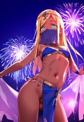 ai_generated aqua_eyes arabian_clothes armpits balls blonde_hair blue_clothing breasts bulge cock_ring cum cum_drip cum_dripping_from_penis cum_on_penis cum_through_clothes cumming dancer dancer_outfit dark-skinned_futanari dark_skin dickgirl doseogwan earrings ejaculation erect_penis erection erection_under_clothes fireworks futa_only futanari long_hair looking_at_viewer mouth_veil night nipples_visible_through_clothing outside penis small_breasts solo solo_futa standing veil