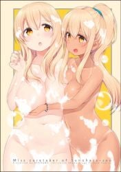 2girls big_breasts blonde_hair breasts convenient_censoring curvy female female_focus female_only fondling_breast manga manga_page official_art soap_bubbles soap_censor sunohara_ayaka sunohara_nana sunoharasou_no_kanrinin-san tan_body tanline