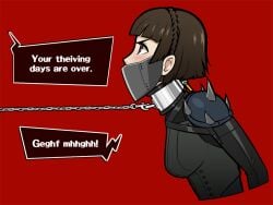 2020 atlus bondage bound collar dominant_female domination female female_focus female_only gag gagged leash leash_and_collar leash_pull leashed_collar light-skinned_female light_skin makoto_niijima persona persona_5 red_background spelling_error submissive submissive_female wossarem