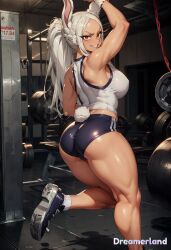 1girls ai_generated back_view boku_no_hero_academia brown_skin brown_skinned_female bunny_tail female female_only fit_female gym gym_clothes gym_shorts gym_uniform leg_raise leg_up looking_at_viewer looking_back miruko my_hero_academia red_eyes rumi_usagiyama short_shorts showing_ass thick thick_ass thick_thighs white_hair