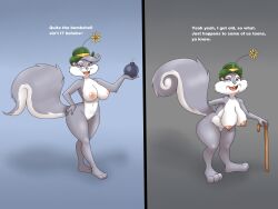 animaniacs anthro areola big_breasts breasts cane casual clothing dialogue eyelashes female fur genitals grey_body grey_fur hand_on_hip hat hat_only headgear headgear_only headwear headwear_only hi_res lurking_tyger mammal mostly_nude multicolored_body multicolored_fur nipples open_mouth open_smile pupils pussy rodent sciurid slappy_squirrel smile thick_thighs tree_squirrel two_tone_body two_tone_fur warner_brothers