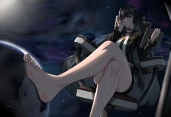 1girls alter alternate_costume alternate_hair_color bangs barefeet black_hair blue_eyes bottomless business_suit chair clothed crossed_legs feet female foot_fetish grey_hair hand_up holding_object legs long_hair necktie painted_toenails planet punishing:_gray_raven qu_(punishing:_gray_raven) sitting skinny soles solo space star starry_sky toenail_polish toes two_tone_hair