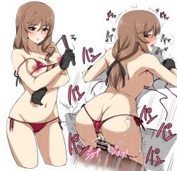 1boy analmanko410 anus ass back bikini bikini_pull blush breasts brown_eyes brown_hair censored clothed_sex cum cum_in_pussy doggy_style ejaculation female from_behind girls_und_panzer gloves hand_fan large_breasts long_hair looking_at_viewer looking_back mature_female milf multiple_views navel nipples open_mouth panties panties_aside penis pussy sex sex_from_behind shimada_chiyo straight sweat vaginal_penetration