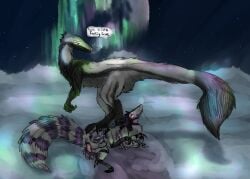 aurora_(phenomenon) compsognathid compsognathus degradation dinosaur dominant dominant_female dromaeosaurid duo female feral genitals glowing lights male male/female microraptor penis reptile scalie snow stepped_on theropod welcometaco