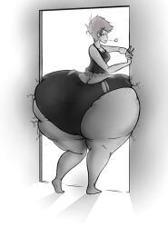 1girls ass back_view huge_ass meredith_(ohdangdoof) oc ohdangdoof original_character stuck stuck_in_door thick_thighs wardrobe_malfunction