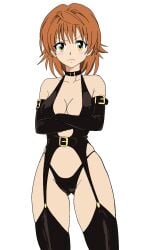 arms_crossed blush breasts brown_eyes brown_hair collar dominatrix female female genderswap_(mtf) highleg highleg_panties large_breasts leather_clothing leather_straps leather_topwear panties rule_63 short_hair thong to_love-ru upset yuusaki_riko