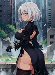 1girls ai_generated ass ass_focus backless_outfit big_ass big_breasts blue_eyes from_behind hi_res large_ass large_breasts looking_back mabi_ai nier nier:_automata nier_(series) pelvic_curtain thick_thighs thighhighs white_hair wide_hips yorha_2b