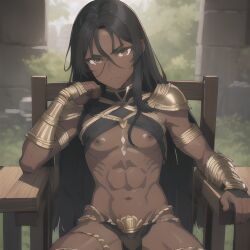 1girls ai_generated amazon amber_eyes anthro armor black_hair black_skin bulge dark_hair dark_skin dissappointed_look female futanari muscular muscular_anthro muscular_female spread_legs spreading stable_diffusion