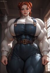 abs ai_generated blue_eyes cleon_magic dominant_female hair hair_buns huge_breasts karina_angsvelt looking_down muscles muscular_arms muscular_female muscular_thighs narrow_waist original_character overalls red_hair tagme thick_thighs wide_hips