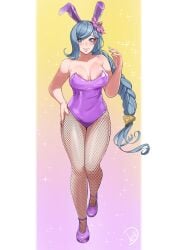 1girls aqua_eyes aqua_hair bare_shoulders braid bunny_ears bunny_girl bunnysuit deliciousbra fubuki_clockford full_body grin hand_on_own_hip huge_breasts leotard looking_at_viewer master_detective_archives:_rain_code piercing pink_flower smile