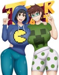 black_hair blue_pants blue_shirt brown_hair creeper_(minecraft) creeper_shirt deki_monchi glasses huge_breasts mikethelink minecraft pacman_shirt pactw rule_63 tazercraft white_pants youtube youtuber youtubers