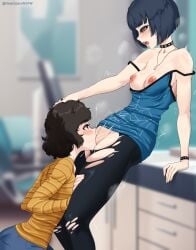 2girls areolae black_hair blue_hair blurry_background blush breasts commission cunnilingus deepspace female female_only goth goth_girl lesbian_sex multiple_girls nipples oral_sex persona persona_5 pussy pussy_juice sadayo_kawakami shin_megami_tensei side_view squirting squirting_in_mouth tae_takemi teacher teacher_clothing teacher_outfit torn_clothes torn_pants yuri