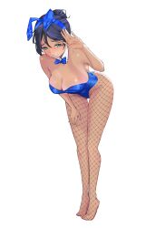 black_hair blue_clothing bowtie breasts bunnysuit fishnets green_eyes lingerie saffron sleepysaffron