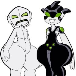 2boys alien_humanoid ben_10 ben_10_alien_force big_hands bulge chaquetrix chubby ditto_(ben_10) echo_echo femboy furu_flami green_eyes horns huge_butt huge_thighs humanoid male_only no_humans non-human non-human_only shortstack smiling spandex_suit thick trap