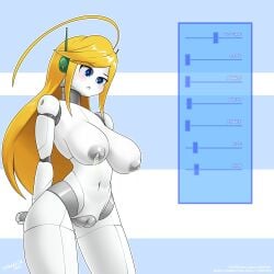 areola attribute_slider big_breasts blonde_hair blue_eyes blush bodily_fluids body_slider breast_expansion breasts cave_story curly_brace expansion female genitals hair hi_res huge_breasts humanoid lactating machine milk navel nipples nude pussy robot robot_humanoid signature slider solo standing text thick_thighs white_body wide_hips zedrin