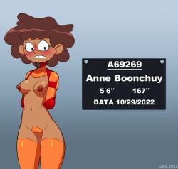 1girls 2022 amphibia anne_boonchuy areolae arms_behind_back blush bondage breasts brown_hair c-string dark-skinned_female dark_skin disney female female_only femsub gmil human latex legwear maebari navel nipples orange_legwear revealing_clothes short_hair skimpy_clothes solo standing sweat text thighhighs