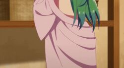 1girls animated ass back back_view disrobing double_bun green_hair hair_buns light-skinned_female light_skin long_hair mongfa_bai official_art renai_flops robe screencap screenshot sideboob solo solo_female solo_focus undressing