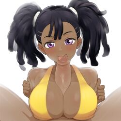 1boy 1girls ai_generated ayukawa_miyuki basquash! big_breasts bikini blush dark-skinned_female dark_skin dreadlocks ear_piercing large_breasts large_penis licking licking_penis oral paizufella paizuri piercings purple_eyes sweat tongue twintails yellow_bikini