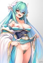 1girls aqua_hair areolae bare_shoulders blush breasts cleavage clothes_lift clothing dragon_girl exhibitionism fate/grand_order fate_(series) female hair_ornament kiyohime_(fate/grand_order) long_hair looking_at_viewer medium_breasts nipples pubic_hair pussy seductive seductive_look simple_background smile solo thighs wisespeak yellow_eyes