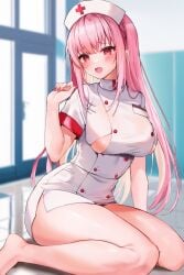 1girls barefoot breasts feet female female_only hat hololive hololive_english hololive_myth huge_breasts indoors light-skinned_female light_skin mori_calliope nurse nurse_cap nurse_uniform open_mouth pink_eyes pink_hair pink_nails solo uniform virtual_youtuber yuniiho