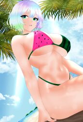 1girls beach big_breasts bikini breasts busty curvy female female_only hazel_(oc)_(yojimbra) multicolored_hair original palm_tree rainbow_hair sky solo sunlight thick_thighs voluptuous watermelon watermelon_bikini wide_hips yojimbra