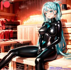 ai_generated bodysuit breasts female kuriboh_ex_(artist) latex latex_suit oppai pussy rubber rubber_suit sauna turquoise_eyes turquoise_hair