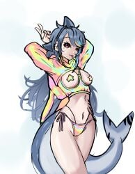 1girls belly_button big_breasts blue_hair breasts clothed clothing eye-level_view female female_only leslieempty light-skinned_female light_skin mako_sameshima multicolored_clothing multicolored_pasties pasties prism_cerulea prism_project red_eyes shark_girl shark_tail solo star_pasties tail tongue tongue_out virtual_youtuber