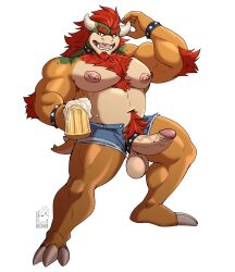 2024 absurd_res accessory alcohol anthro areola arm_hair armpit_hair balls beard beer beverage biceps big_balls big_muscles big_penis body_hair bottomwear bowser bracelet chest_hair claws clothed clothing cock_ring collar cutoffs denim denim_bottomwear denim_clothing erection eyebrows facial_hair genitals hair happy_trail hi_res holding_beverage holding_mug holding_object horn humanoid_genitalia humanoid_penis jewelry koopa long_hair looking_at_viewer male male_only mario_(series) mug muscular muscular_anthro muscular_male navel nelldemon nintendo nipple_piercing nipples non-mammal_balls non-mammal_nipples open_mouth pecs penis penis_accessory penis_jewelry piercing pubes saggy_balls scalie shorts simple_background solo spiked_bracelet spiked_cock_ring spiked_collar spikes standing teeth thick_penis thick_thighs tongue tongue_piercing topless topless_anthro topless_male unzipped vein watermark white_background zipper