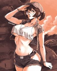 arm_up baseball_cap belt black_panties bracelet breasts brown_eyes brown_hair brown_jacket brown_shorts covered_erect_nipples crop_top cropped_jacket cutoffs erect_nipples female fio_germi glasses hand_up hat highleg highleg_panties highres hip_vent jacket jewelry large_breasts looking_at_viewer metal_slug midriff military_vehicle missfaves motor_vehicle navel no_bra open_clothes open_jacket panties ponytail round_eyewear short_hair short_ponytail short_shorts short_sleeves shorts solo tank tank_top torn_clothes torn_shorts underboob underwear whale_tail white_tank_top