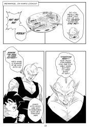 3boys alien black_and_white comic dragon_ball dragon_ball_super english_text funsexydragonball monochrome muscular_male page_13 piccolo son_gohan sweating