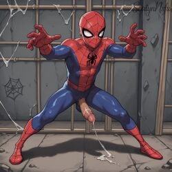 1boy ai_generated clothed clothing cum gay male male_focus marvel marvel_comics penis peter_parker seatyn_nsfw spider-man spider-man_(series) torn_bodysuit torn_clothes torn_clothing yaoi