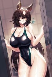 2020s 2024 2d 2d_(artwork) annoyed big_breasts big_thighs breast_squish breasts brown_hair cero_rains child_bearing_hips doorway hi_res highres hips horse_ears horse_girl large_breasts large_thighs leotard light-skinned_female light_skin long_fingernails long_hair looking_at_viewer navel navel_visible_through_clothes pink_eyes shiny_skin sideboob sirius_symboli_(umamusume) swimsuit thick_thighs thighs umamusume very_long_hair wet_body wide_hips