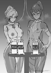 2d 2girls blush_lines breast_envy breast_size_difference clothed clothing collar female female_only grayscale greyscale hand_on_hip huge_breasts lactation looking_at_viewer mercy milk milk_bottle milking monochrome multiple_girls multiple_subs overwatch sad_sub sanuki_(kyoudashya) small_breasts standing tagme unhappy_female widowmaker