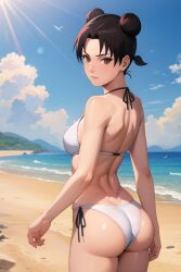 1girls accurate_art_style ai_generated ass back_view beach bijin_hahaoya bikini bikini_bottom bikini_top breasts bubble_butt curvaceous curvy curvy_figure double_bun female female_focus female_only from_behind light-skinned_female light_skin looking_back looking_back_at_viewer nai_diffusion naruto naruto_(series) naruto_shippuden ocean rear_view round_ass sand seaside shiny shiny_hair shiny_skin sideboob skindentation smooth_skin solo solo_focus stable_diffusion sunlight swimsuit tenten tied_hair twin_buns water