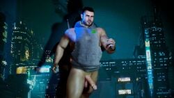 bara big_cock blue_background blue_eyes call_of_duty call_of_duty_modern_warfare_2_(2022) city_background erection exercise_clothing fender fender_takacs male_focus male_only muscular muscular_male semi_clothed semi_nude sleeveless sleeveless_hoodie sleeveless_jacket sleeveless_shirt stage_background wristband