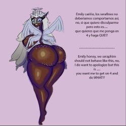 angel angel_wings big_ass english_text fanart female female_only hazbin_hotel huge_ass huge_breasts huge_thighs sera_(hazbin_hotel) seraph seraphim spanish_text text voraciouscake wings