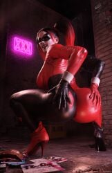 1girls 3d 3d_(artwork) ass batman:_arkham_knight batman_(series) big_ass big_breasts dc dc_comics female female_only harley_quinn harley_quinn_(classic) harley_quinn_(injustice) injustice_2 lecherix pokies realistic solo squatting twintails voluptuous voluptuous_female