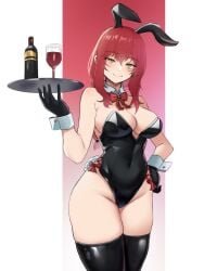 absurdres animal_ears artistic_error bare_shoulders black_gloves black_leotard black_thighhighs bottle bow bowtie braid braided_ponytail breasts chainsaw_man closed_mouth commentary commission covered_navel cup detached_collar dnumde drinking_glass english_commentary female gloves groin hand_on_own_hip hand_up highleg highleg_leotard highres holding holding_tray large_breasts leotard looking_at_viewer makima_(chainsaw_man) rabbit_ears rabbit_tail red_bow red_bowtie red_hair ringed_eyes side-tie_leotard sidelocks smile solo tail thighhighs thighs tray wine_bottle wine_glass wrist_cuffs yellow_eyes