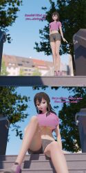 big_nipples black_hair blush breast_expansion breasts_bigger_than_head giantess_growth looking_at_viewer minmax3d nipple_bulge nipples_visible_through_clothing pink_clothes text violet_eyes