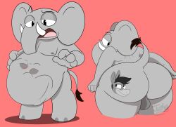 2021 anthro asinus ass balls blush body_outline democrat democrat_donkey digestion don_kennedy donkey duo elephant elephantid equid equine genitals george_o._pillsburry grey_body guyjushy hi_res imprint looking_back male male/male mammal nipples nude proboscidean rear_view republican republican_elephant signature simple_background stomach_bulge story story_in_description tail tusks vore vore_tattoo