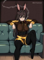 1girls ai_generated cigarette cigarette_in_mouth faunus kitas rwby shiny_hair shiny_skin sofa solo solo_female tagme velvet_scarlatina