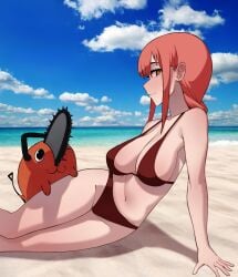 1girls beach big_breasts bikini chainsaw_man demon female female_focus kouy light-skinned_female light_skin makima_(chainsaw_man) pochita_(chainsaw_man) red_hair