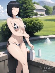 1girls ai_generated big_breasts black_hair boruto:_naruto_next_generations cow_bikini cow_print farm female hi_res highres hyuuga_hinata milf milk mini_bikini mommy naruto outdoors pixai short_hair smile white_eyes