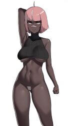 1girls big_breasts dark-skinned_female dark_skin kouy no_bra no_panties original original_character pink_eyes pink_hair sweater underboob