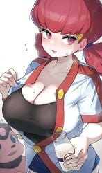 1girls :3 :3d big_breasts breasts busty cleavage female game_freak gym_leader hizake kashu_(hizake) large_breasts light-skinned_female light_skin looking_at_viewer miltank mole mole_on_breast naughty_face nintendo pink_eyes pink_hair pokemon pokemon_hgss smile suggestive_look sweat voluptuous whitney_(pokemon)