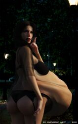 3d ass beauty_mark belly belly_bulge big_belly big_breasts black_hair bra breasts female_pred garter_straps huge_belly lingerie men_in_black men_in_black_ii oral_vore same_size_vore serleena_(men_in_black) shenderko vore