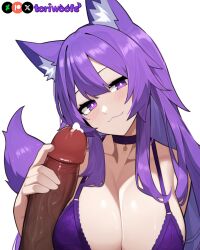 1girls :3 ai_generated blush bra breasts collar curvy cute dark-skinned_male dog_ears dog_girl doggirl female female_only grabbing_penis handjob happy highres hips holding_penis huge_breasts huge_cock kemonomimi light_skin light_skinned_female lingerie long_hair looking_at_viewer nsfw patreon_username penis petgirl petite purple_ears purple_eyes purple_hair purple_tail size_difference thick_thighs thighs tori toriwoofs veiny_penis watermark wide_hips wolf_ears