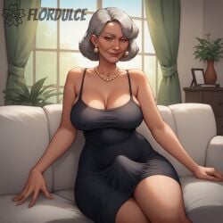 ai_generated brown_eyes cleavage couch covered_penis dress earrings elder elderly elderly_female erection erection_under_clothes erection_under_clothing flordulce futa_only futanari gilf grandmother granny granny_futa grey_hair indoors jewelry living_room necklace old_woman seductive seductive_look seductive_smile sitting solo_futa tagme
