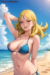 1girls adapted_costume ai_generated beach big_breasts bikini bikini_bottom bikini_top blonde_hair boruto:_naruto_next_generations breasts cleavage delta_(boruto) eyeshadow facial_mark female female_only forehead_mark grin light-skinned_female light_skin lipstick long_hair looking_at_viewer makeup messy messy_hair nai_diffusion naruto naruto_(series) naughty naughty_face naughty_smile nipple_slip ocean one_breast_out outdoors patreon_username pink_eyes sand seaside smile solo solo_focus stable_diffusion sweat sweatdrop swimsuit temptart text upper_body url water web_address